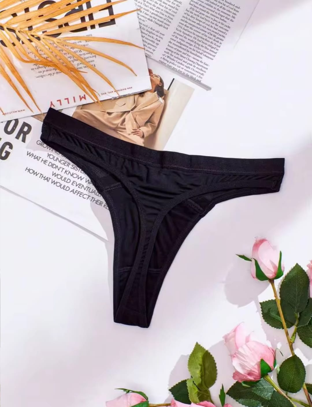 Women's Black Cross-Front Sheer Mesh Panel V-Waist Thong Panties